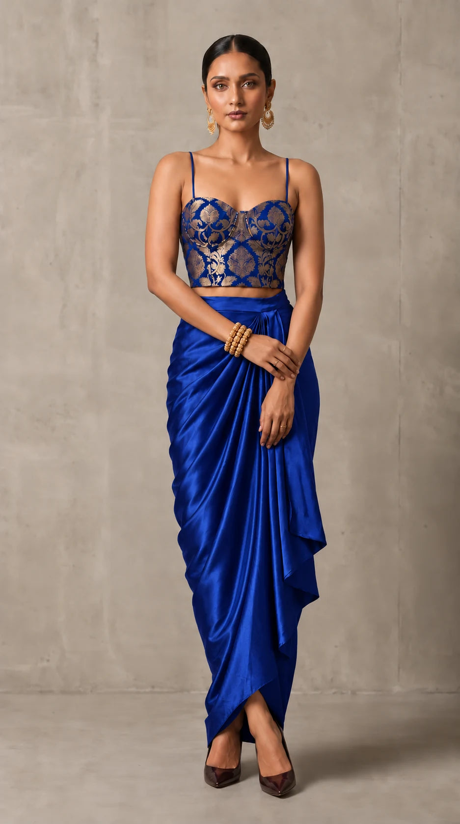Royal Blue Banarasi Katan silk brocade three-piece set with modal silk blazer and draped skirt, front view without blazer