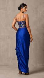 Royal Blue Banarasi Katan silk brocade three-piece set with modal silk blazer and draped skirt, back view without blazer — thumbnail 4