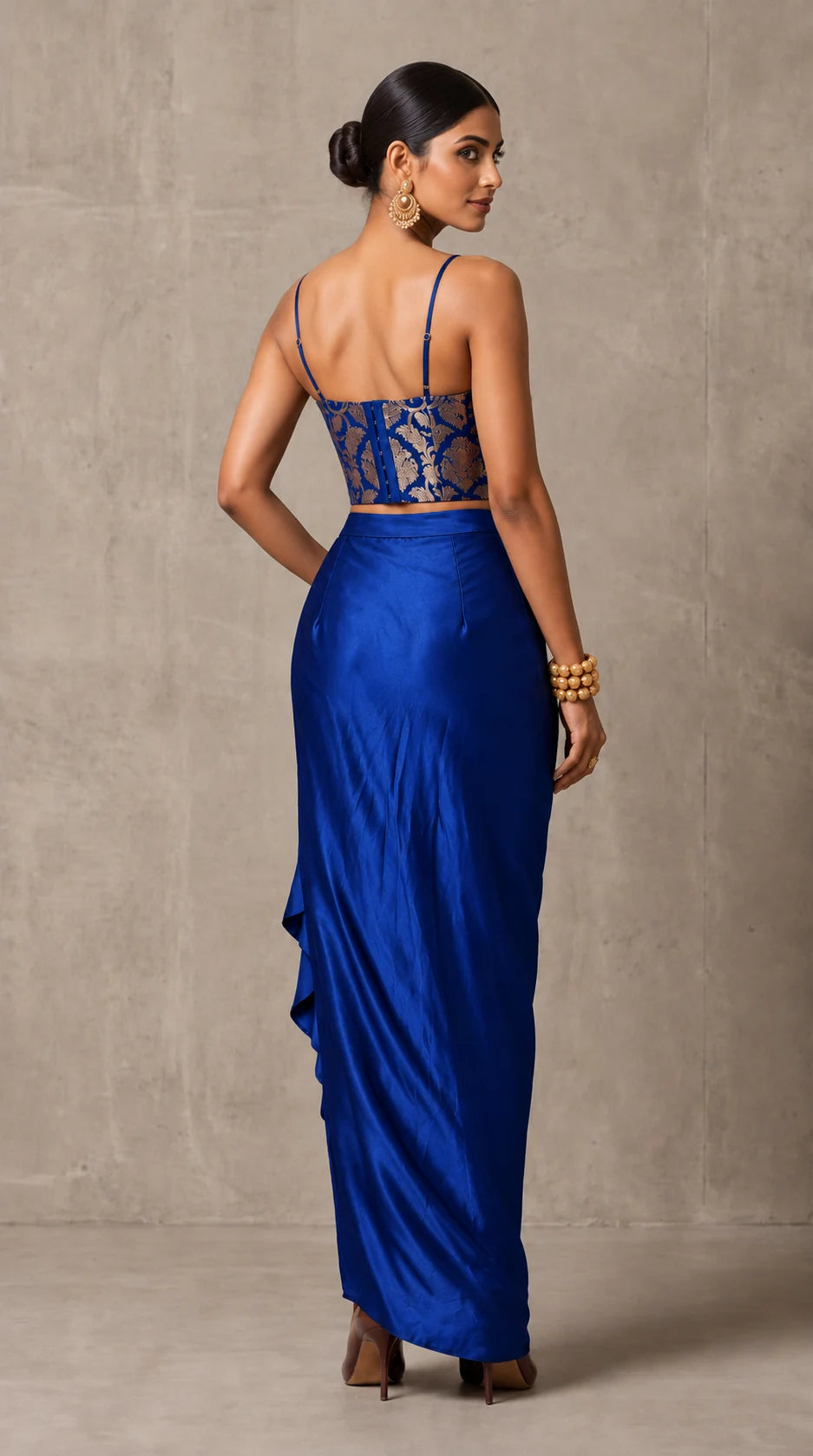 Royal Blue Banarasi Katan silk brocade three-piece set with modal silk blazer and draped skirt, back view without blazer