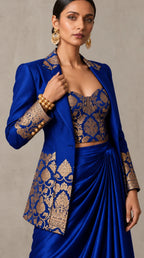 Royal Blue Banarasi Katan silk brocade three-piece set with modal silk blazer and draped skirt, brocade and blazer cuff detail — thumbnail 5