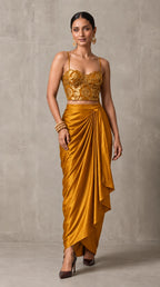 Ochre Gold Banarasi Katan silk brocade three-piece set with modal silk blazer and draped skirt, front view without blazer — thumbnail 3