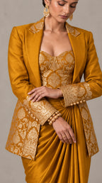 Ochre Gold Banarasi Katan silk brocade three-piece set with modal silk blazer and draped skirt, brocade and blazer cuff detail — thumbnail 5