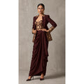 Wine Brown Banarasi Katan silk brocade three-piece set with modal silk blazer and draped skirt, full-length front with blazer; full photograph centered on a square white canvas