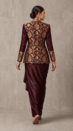 Wine Brown Banarasi Katan silk brocade three-piece set with modal silk blazer and draped skirt, full-length back with blazer — thumbnail 2