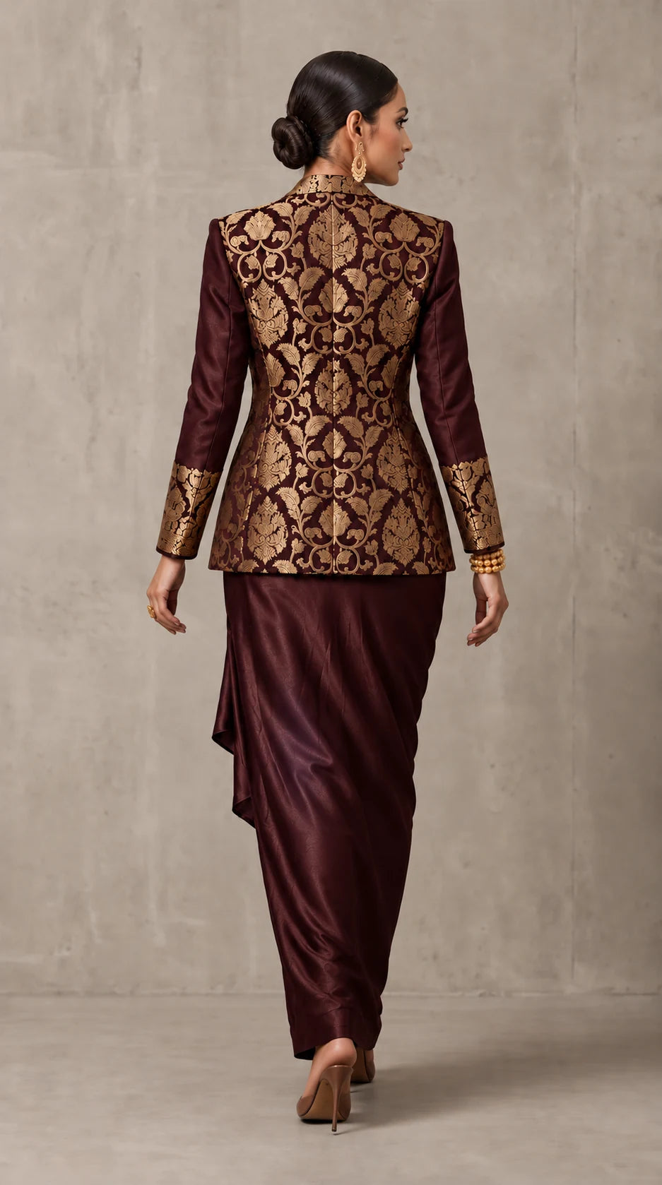 Wine Brown Banarasi Katan silk brocade three-piece set with modal silk blazer and draped skirt, full-length back with blazer