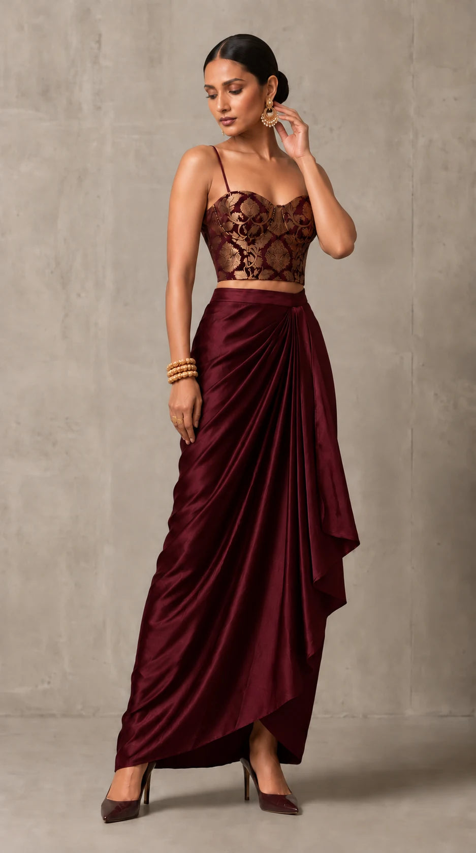 Wine Brown Banarasi Katan silk brocade three-piece set with modal silk blazer and draped skirt, front view without blazer