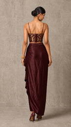 Wine Brown Banarasi Katan silk brocade three-piece set with modal silk blazer and draped skirt, back view without blazer — thumbnail 4