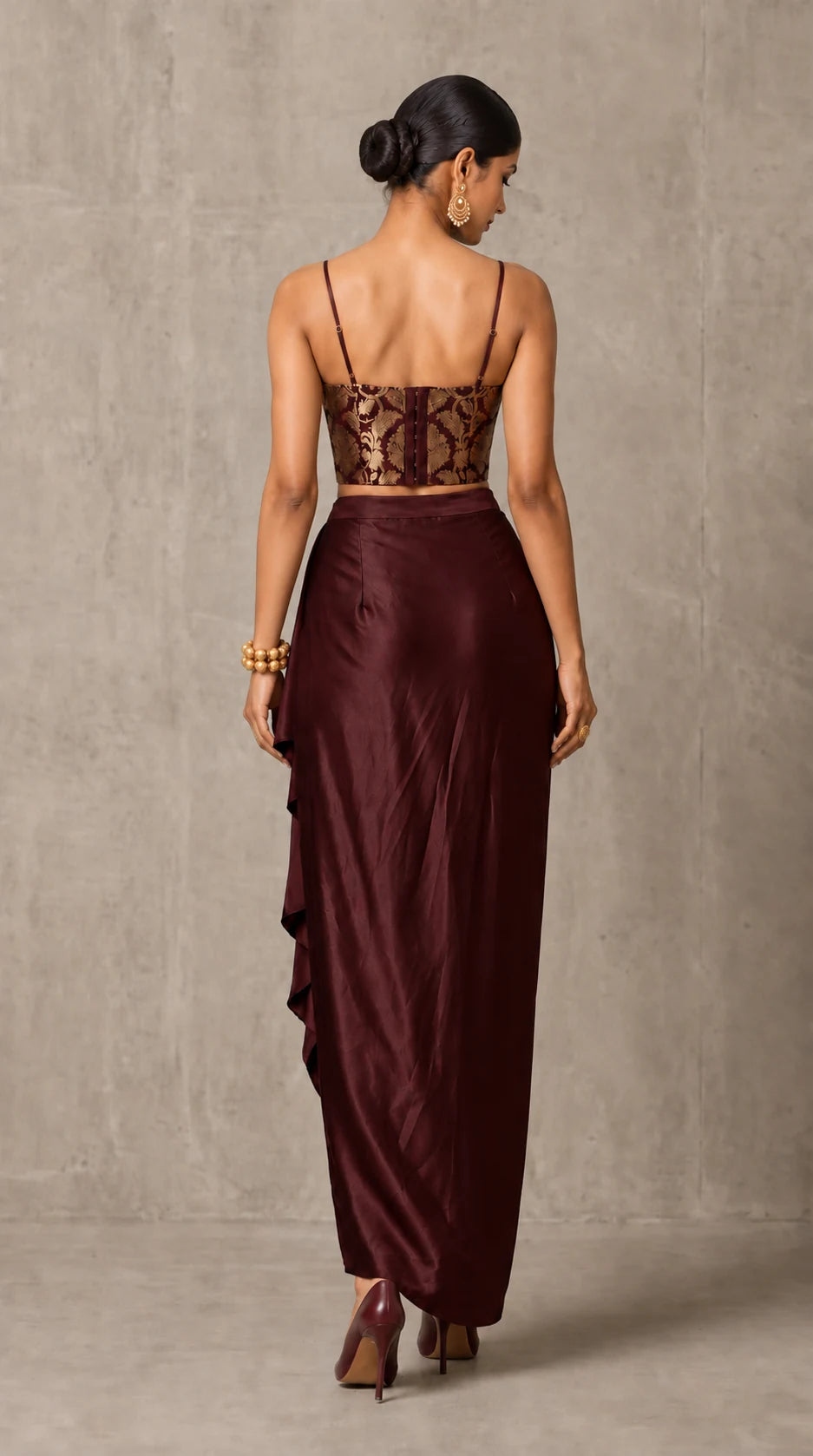 Wine Brown Banarasi Katan silk brocade three-piece set with modal silk blazer and draped skirt, back view without blazer