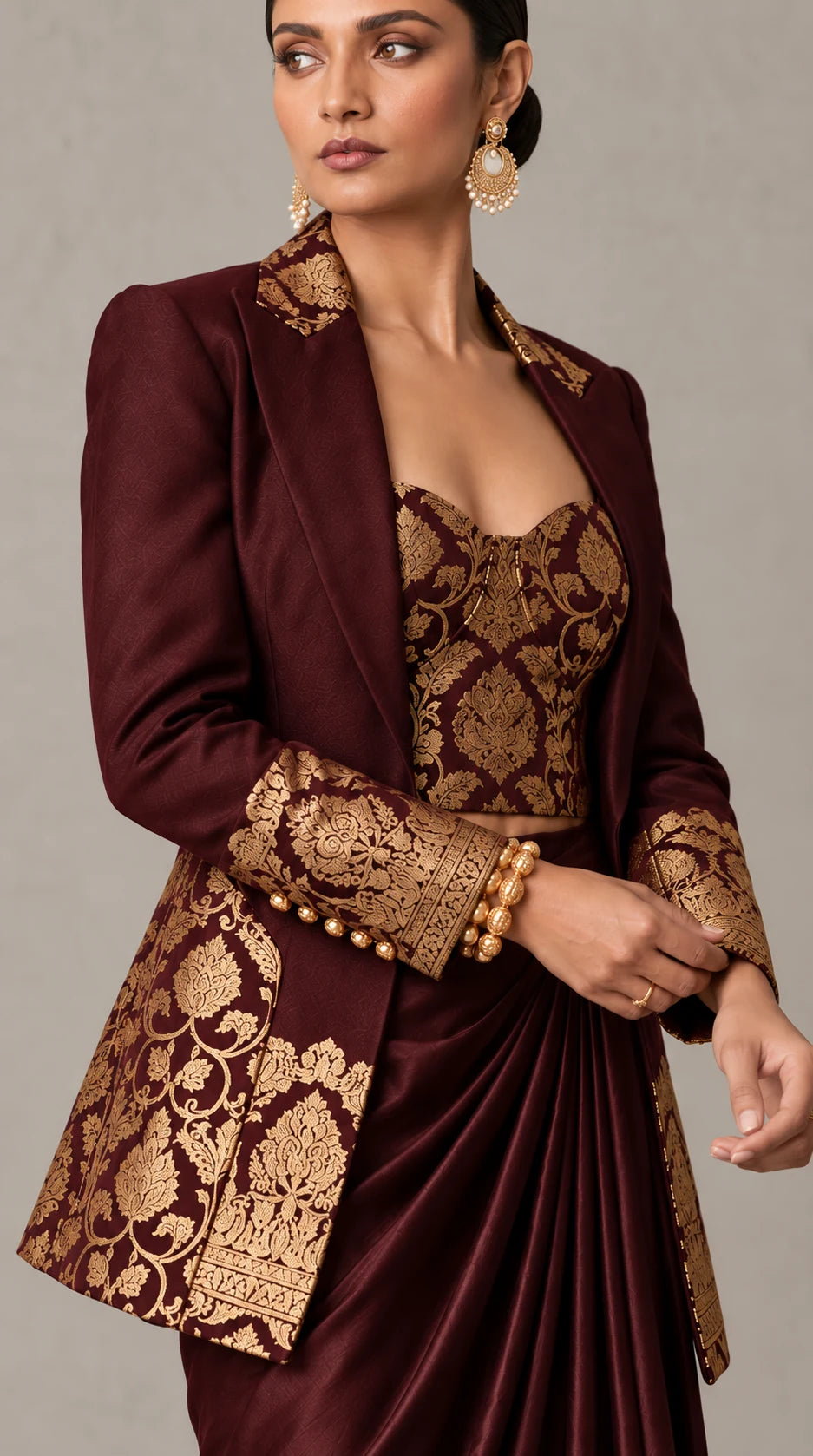 Wine Brown Banarasi Katan silk brocade three-piece set with modal silk blazer and draped skirt, brocade and blazer cuff detail