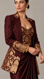 Wine Brown Banarasi Katan silk brocade three-piece set with modal silk blazer and draped skirt, brocade and blazer cuff detail — thumbnail 5