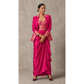 Rani Pink Banarasi Katan silk brocade three-piece set with modal silk blazer and draped skirt, full-length front with blazer; full photograph centered on a square white canvas