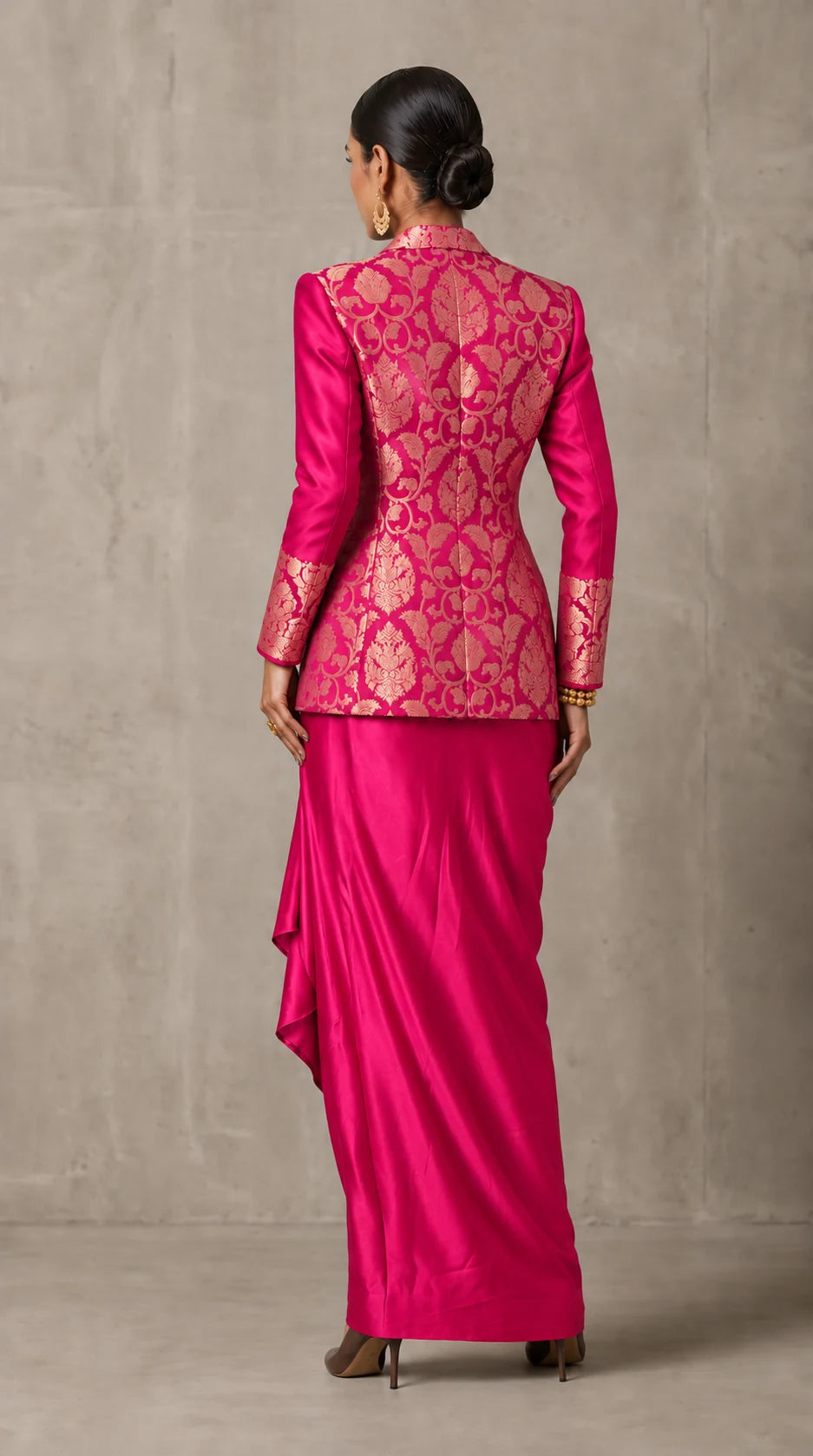 Rani Pink Banarasi Katan silk brocade three-piece set with modal silk blazer and draped skirt, full-length back with blazer