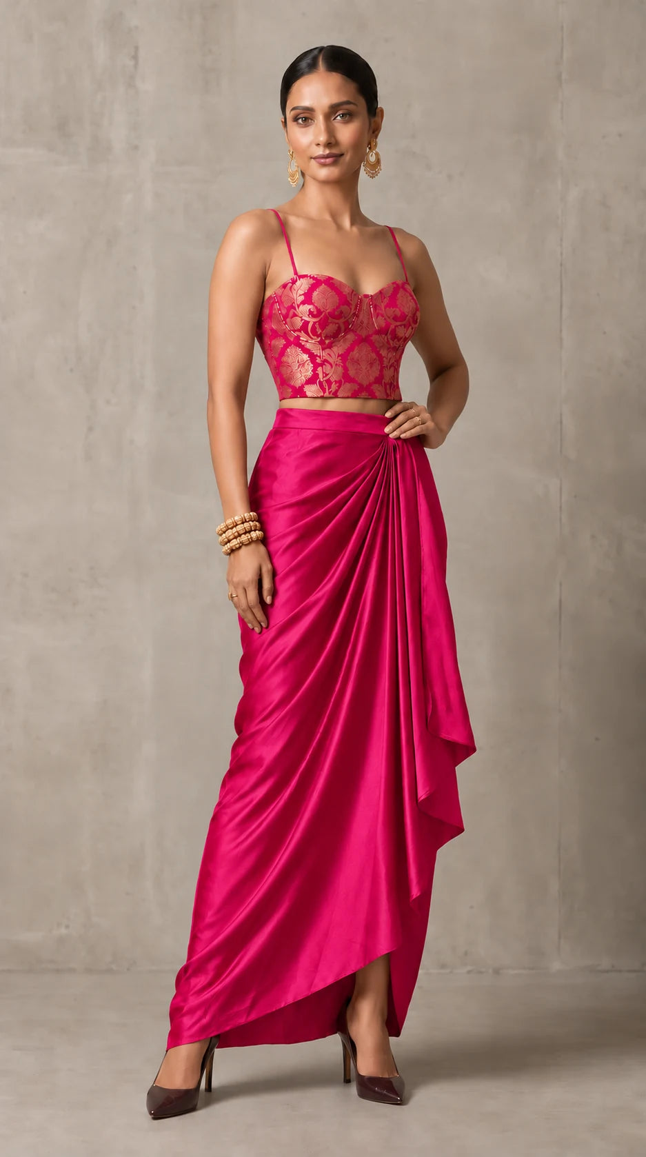 Rani Pink Banarasi Katan silk brocade three-piece set with modal silk blazer and draped skirt, front view without blazer