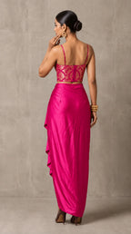 Rani Pink Banarasi Katan silk brocade three-piece set with modal silk blazer and draped skirt, back view without blazer — thumbnail 4