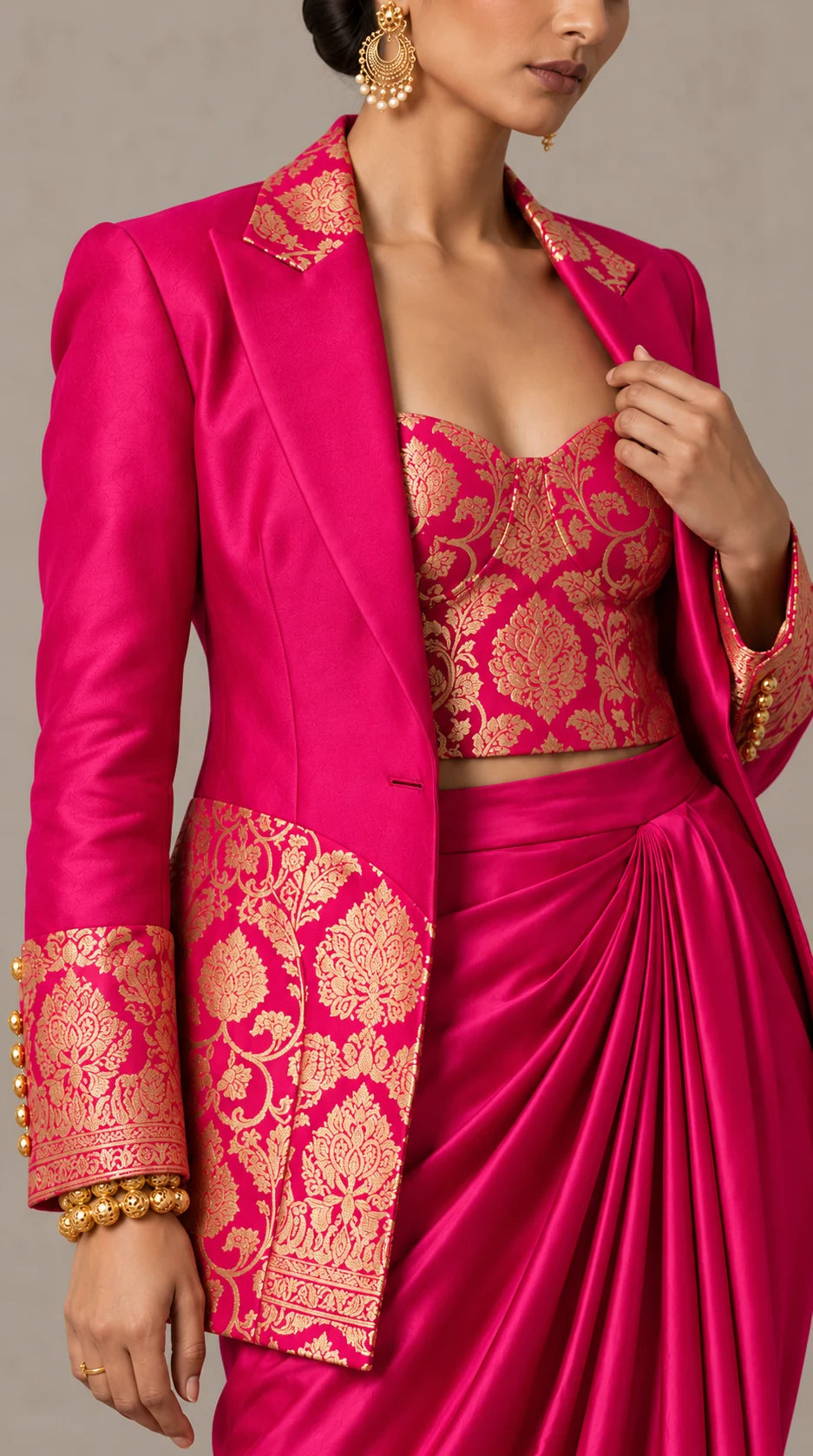 Rani Pink Banarasi Katan silk brocade three-piece set with modal silk blazer and draped skirt, brocade and blazer cuff detail