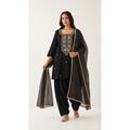 Nargis black Zardosi Maheshwari silk Farshi salwar set with tissue zari-striped dupatta, front view; full photograph centered on a square white canvas