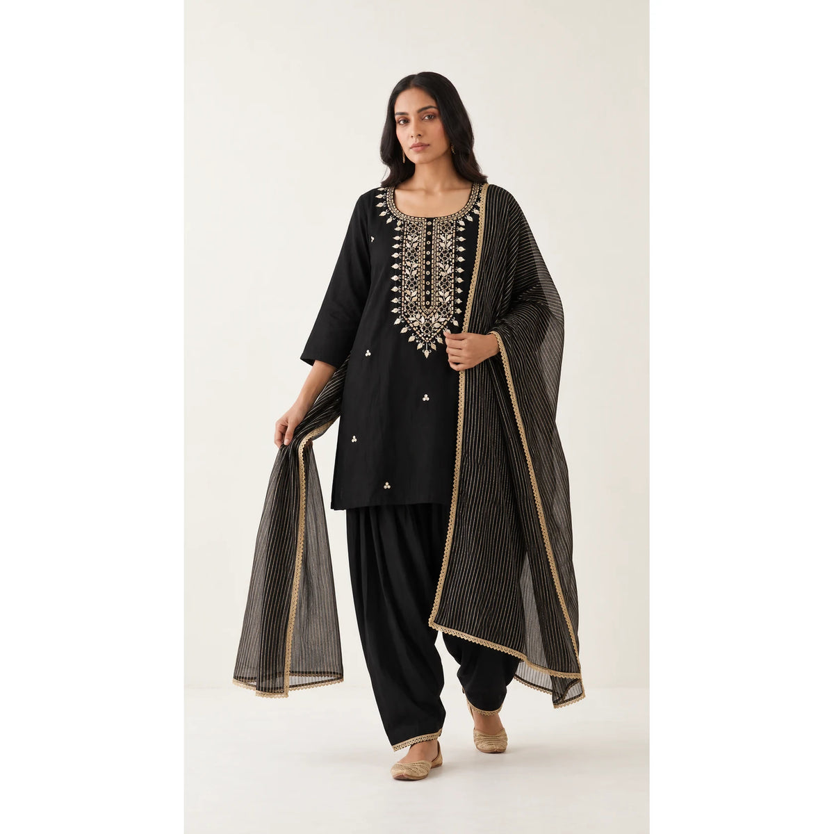 Nargis black Zardosi Maheshwari silk Farshi salwar set with tissue zari-striped dupatta, front view; full photograph centered on a square white canvas