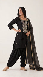 Nargis black Zardosi Maheshwari silk Farshi salwar set with tissue zari-striped dupatta, three-quarter view — thumbnail 2
