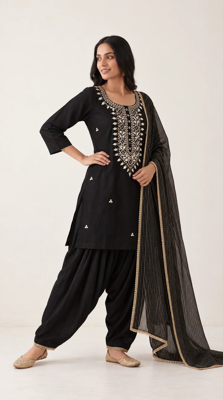 Nargis black Zardosi Maheshwari silk Farshi salwar set with tissue zari-striped dupatta, three-quarter view