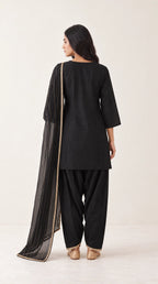 Nargis black Zardosi Maheshwari silk Farshi salwar set with tissue zari-striped dupatta, back view — thumbnail 3
