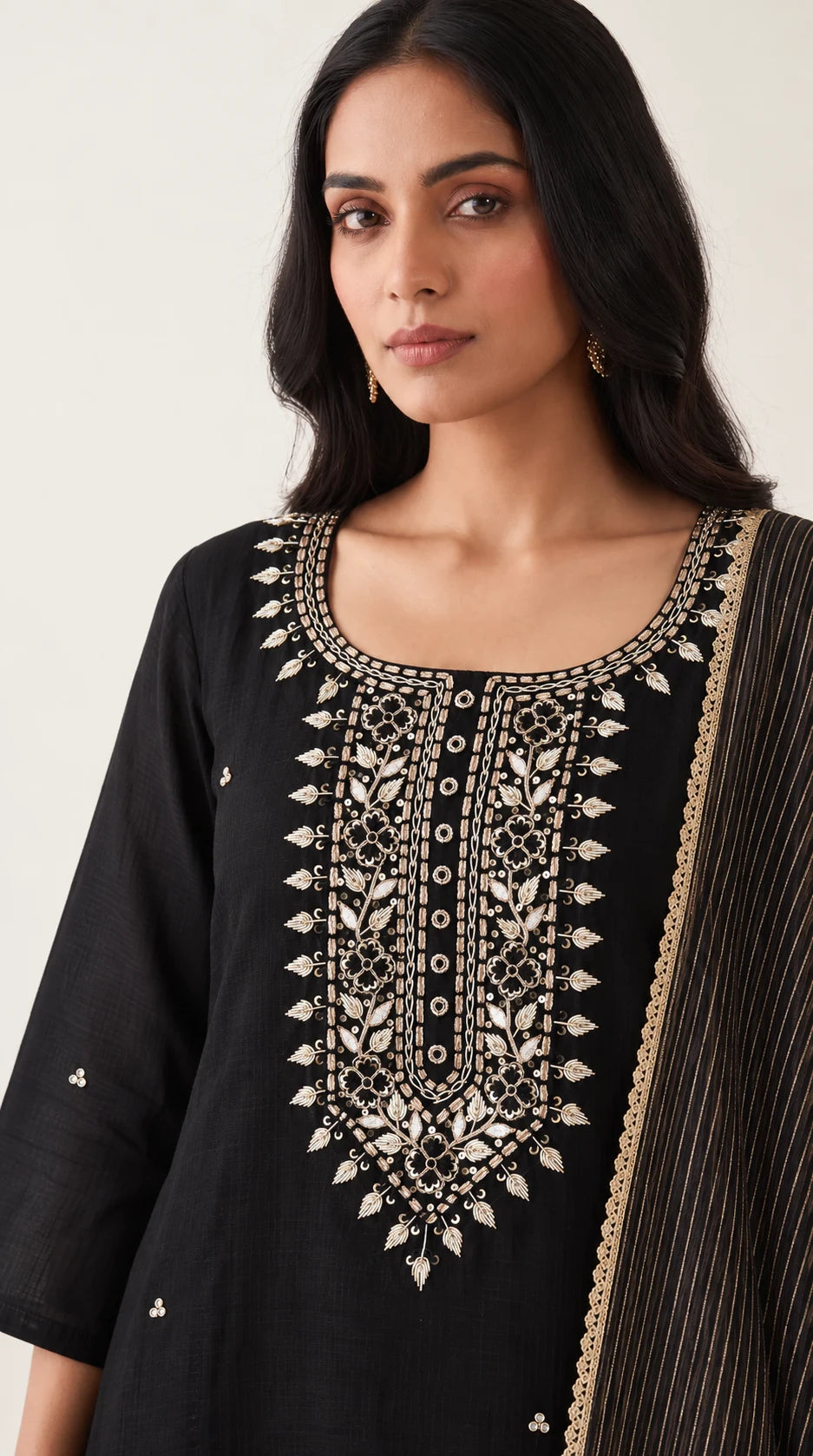 Nargis black Maheshwari silk kurta, floral placket Zardosi embroidery detail