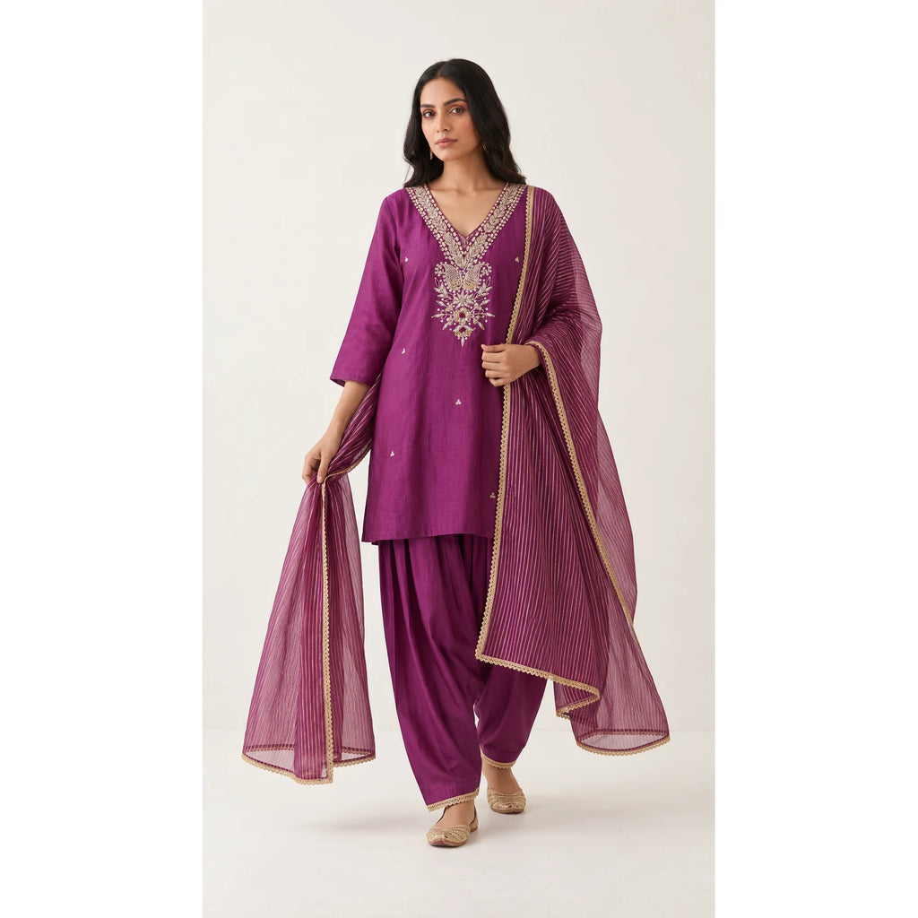 Arghavan magenta purple Zardosi Maheshwari silk Farshi salwar set with tissue zari-striped dupatta, front view; full photograph centered on a square white canvas