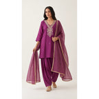 Arghavan magenta purple Zardosi Maheshwari silk Farshi salwar set with tissue zari-striped dupatta, front view; full photograph centered on a square white canvas — thumbnail 1