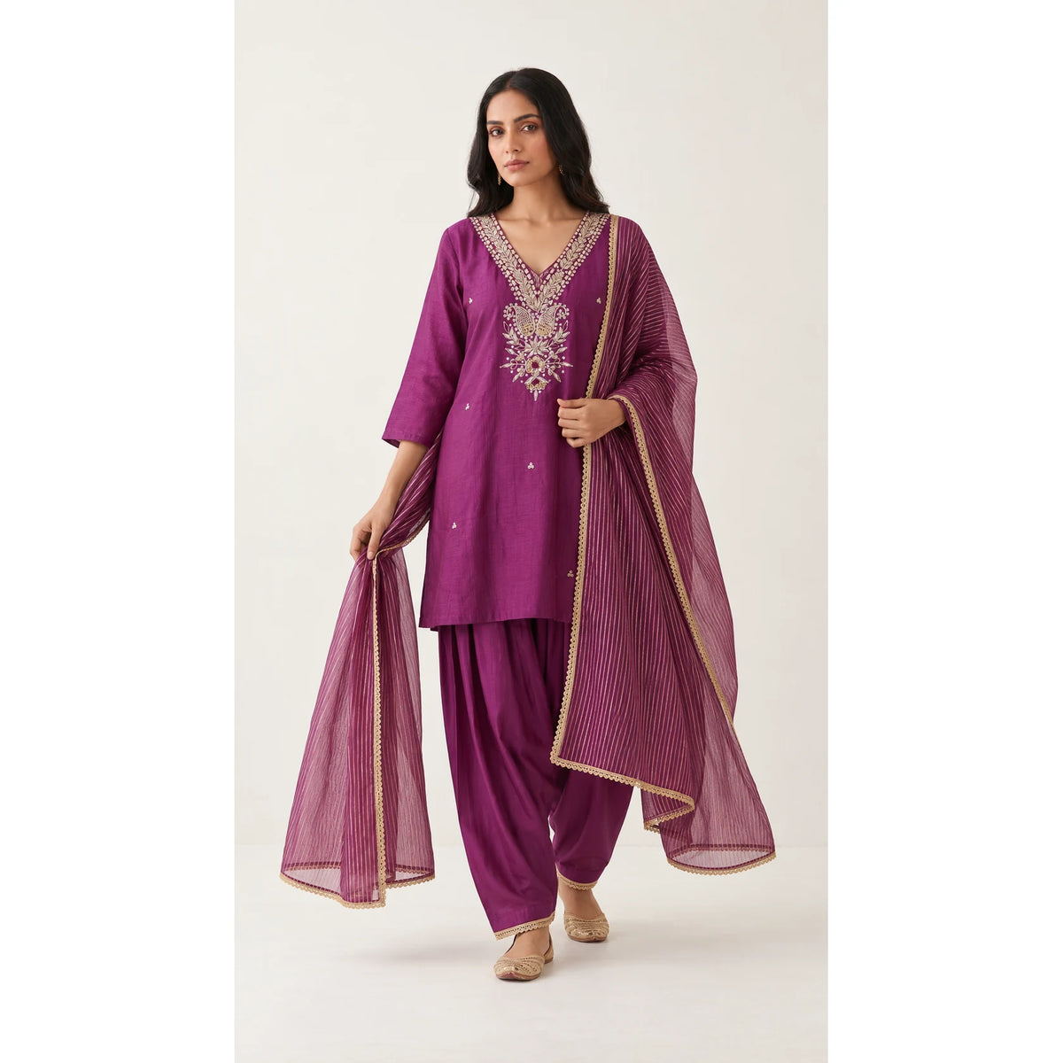 Arghavan magenta purple Zardosi Maheshwari silk Farshi salwar set with tissue zari-striped dupatta, front view; full photograph centered on a square white canvas