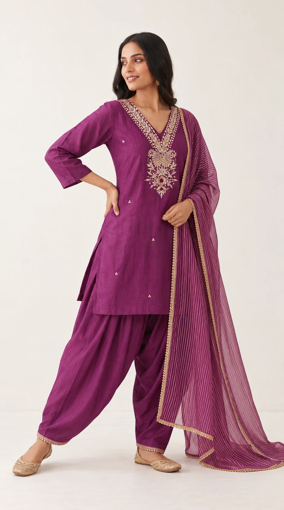 Arghavan magenta purple Zardosi Maheshwari silk Farshi salwar set with tissue zari-striped dupatta, three-quarter view