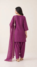 Arghavan magenta purple Zardosi Maheshwari silk Farshi salwar set with tissue zari-striped dupatta, back view — thumbnail 3