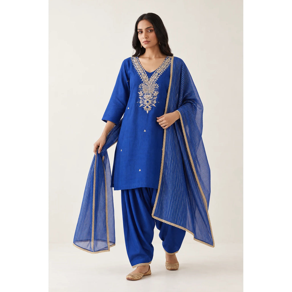 Neelkamal royal blue Zardosi Maheshwari silk Farshi salwar set with tissue zari-striped dupatta, front view; full photograph centered on a square white canvas