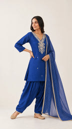 Neelkamal royal blue Zardosi Maheshwari silk Farshi salwar set with tissue zari-striped dupatta, three-quarter view — thumbnail 2
