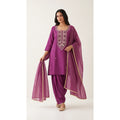 Sumbul orchid mauve Zardosi Maheshwari silk Farshi salwar set with tissue zari-striped dupatta, front view; full photograph centered on a square white canvas