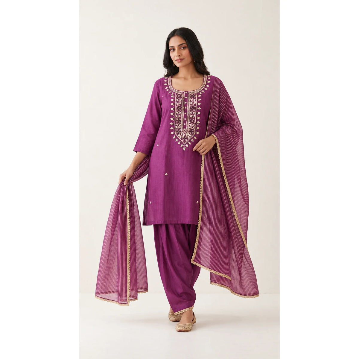 Sumbul orchid mauve Zardosi Maheshwari silk Farshi salwar set with tissue zari-striped dupatta, front view; full photograph centered on a square white canvas