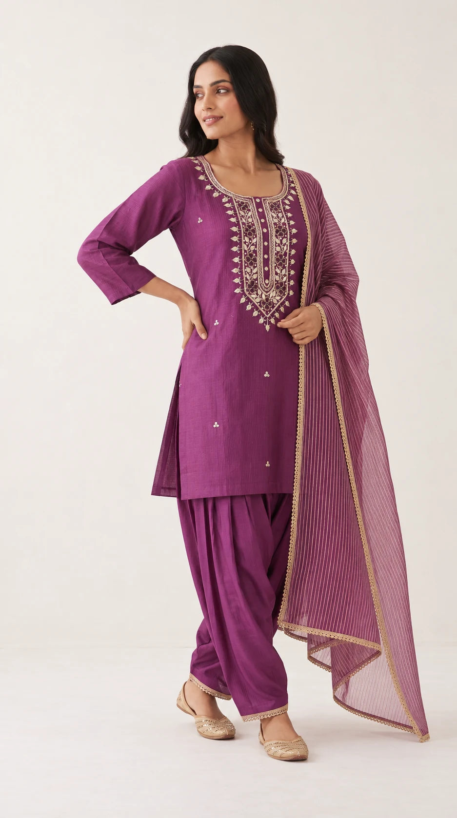 Sumbul orchid mauve Zardosi Maheshwari silk Farshi salwar set with tissue zari-striped dupatta, three-quarter view