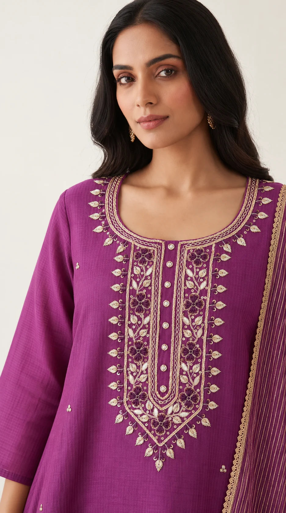 Sumbul orchid mauve Maheshwari silk kurta, floral placket Zardosi embroidery detail