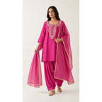 Gulabi fuchsia pink Zardosi Maheshwari silk Farshi salwar set with tissue zari-striped dupatta, front view; full photograph centered on a square white canvas — thumbnail 1