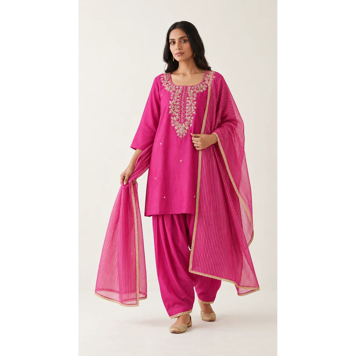 Gulabi fuchsia pink Zardosi Maheshwari silk Farshi salwar set with tissue zari-striped dupatta, front view; full photograph centered on a square white canvas