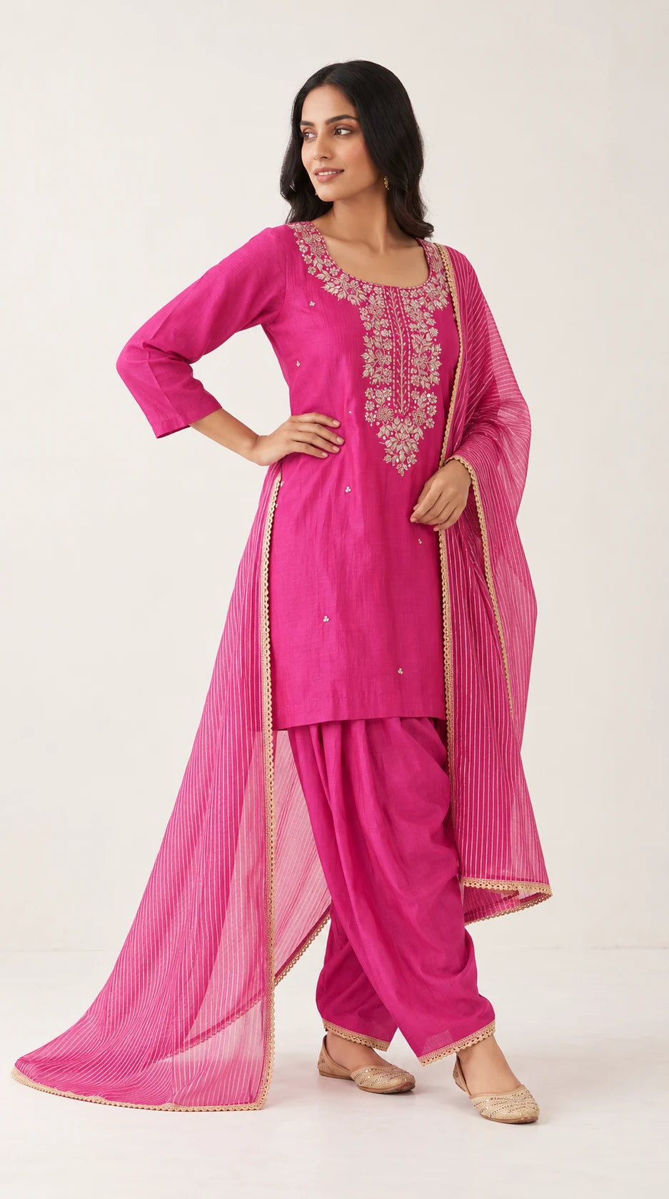 Gulabi fuchsia pink Zardosi Maheshwari silk Farshi salwar set with tissue zari-striped dupatta, three-quarter view