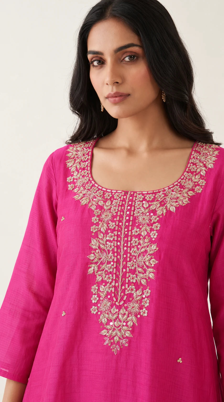 Gulabi fuchsia pink Maheshwari silk kurta, floral vine neckline Zardosi embroidery detail