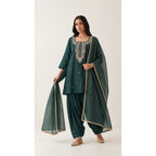 Zumurrud bottle green Zardosi Maheshwari silk Farshi salwar set with tissue zari-striped dupatta, front view; full photograph centered on a square white canvas — thumbnail 1