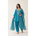 Neerja turquoise Zardosi Maheshwari silk Farshi salwar set with tissue zari-striped dupatta, front view; full photograph centered on a square white canvas