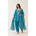 Neerja turquoise Zardosi Maheshwari silk Farshi salwar set with tissue zari-striped dupatta, front view; full photograph centered on a square white canvas — thumbnail 1