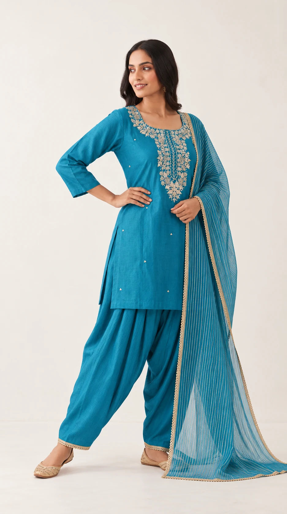 Neerja turquoise Zardosi Maheshwari silk Farshi salwar set with tissue zari-striped dupatta, three-quarter view
