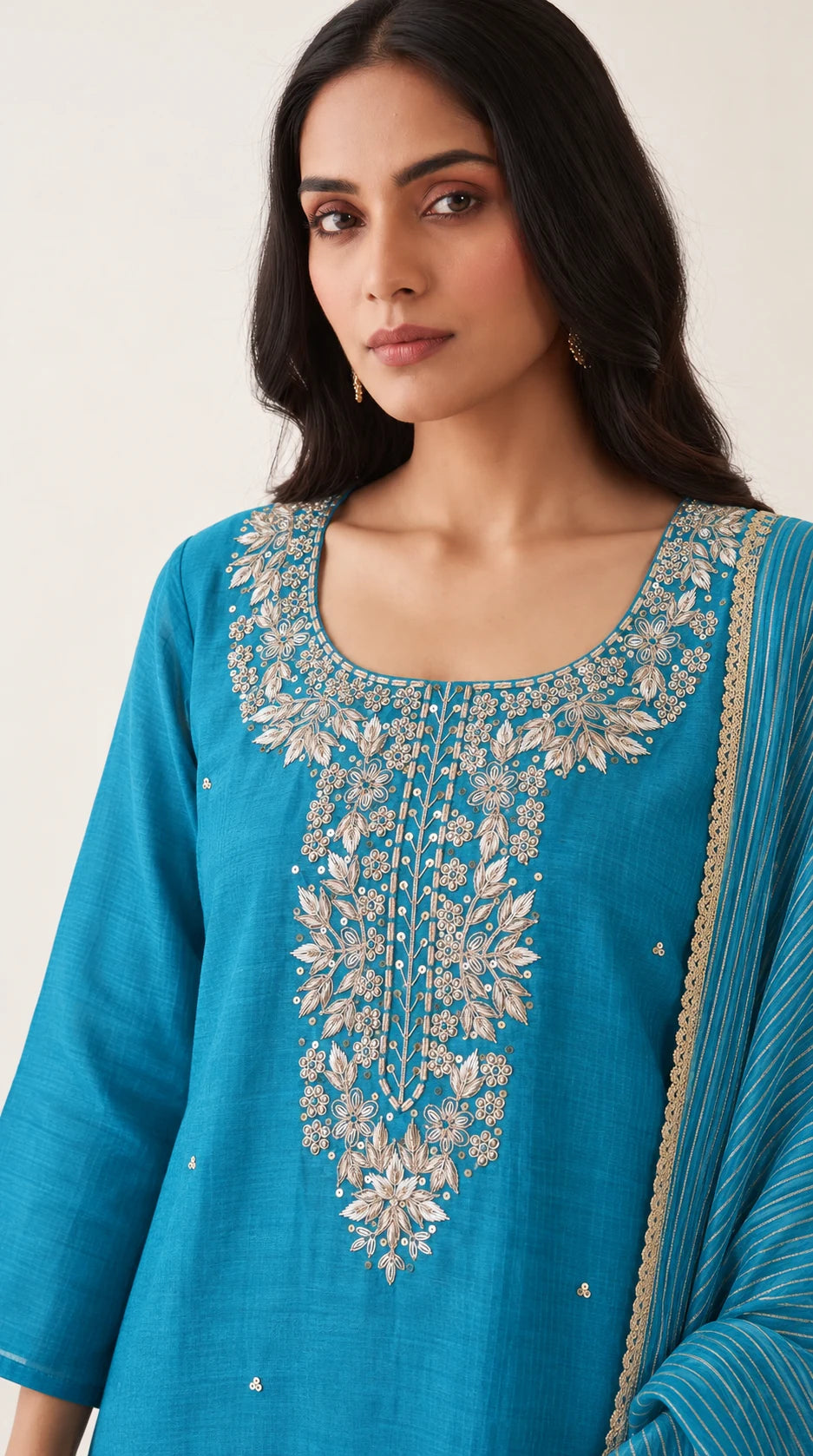 Neerja turquoise Maheshwari silk kurta, floral vine neckline Zardosi embroidery detail
