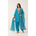 Leher turquoise Zardosi Maheshwari silk Farshi salwar set with tissue zari-striped dupatta, front view; full photograph centered on a square white canvas — thumbnail 1