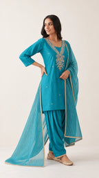 Leher turquoise Zardosi Maheshwari silk Farshi salwar set with tissue zari-striped dupatta, three-quarter view — thumbnail 2