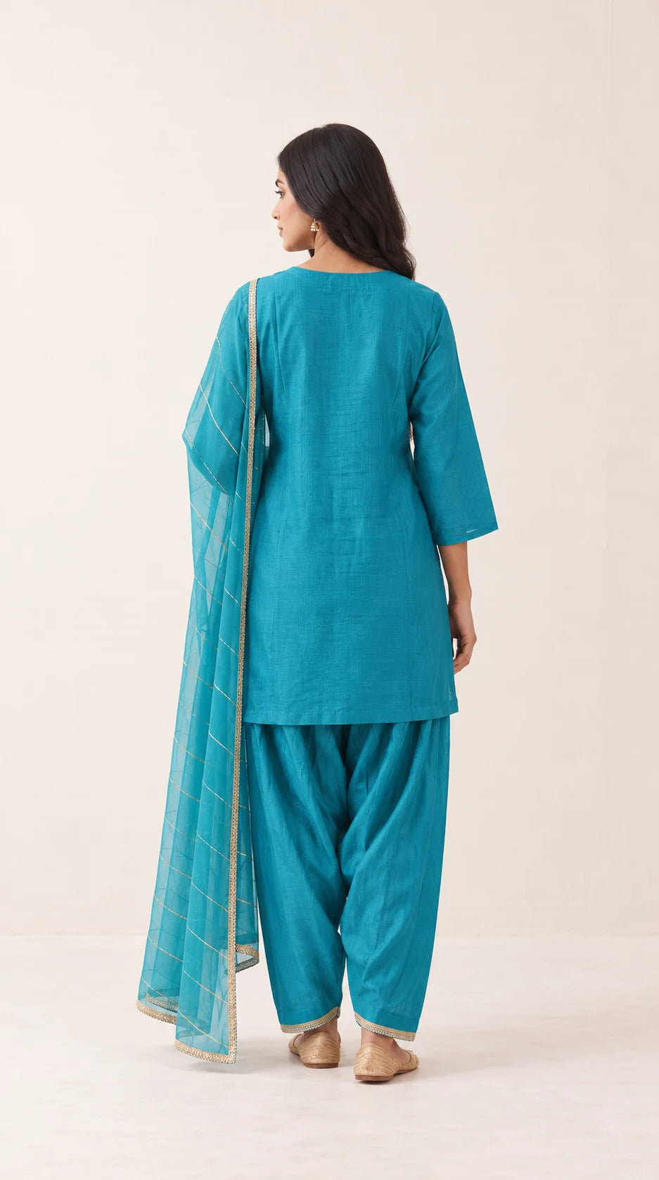 Leher turquoise Zardosi Maheshwari silk Farshi salwar set with tissue zari-striped dupatta, back view