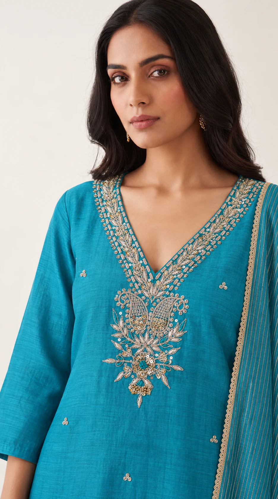 Leher turquoise Maheshwari silk kurta, paisley V-neck Zardosi embroidery detail