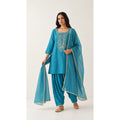 Aab turquoise blue Zardosi Maheshwari silk Farshi salwar set with tissue zari-striped dupatta, front view; full photograph centered on a square white canvas